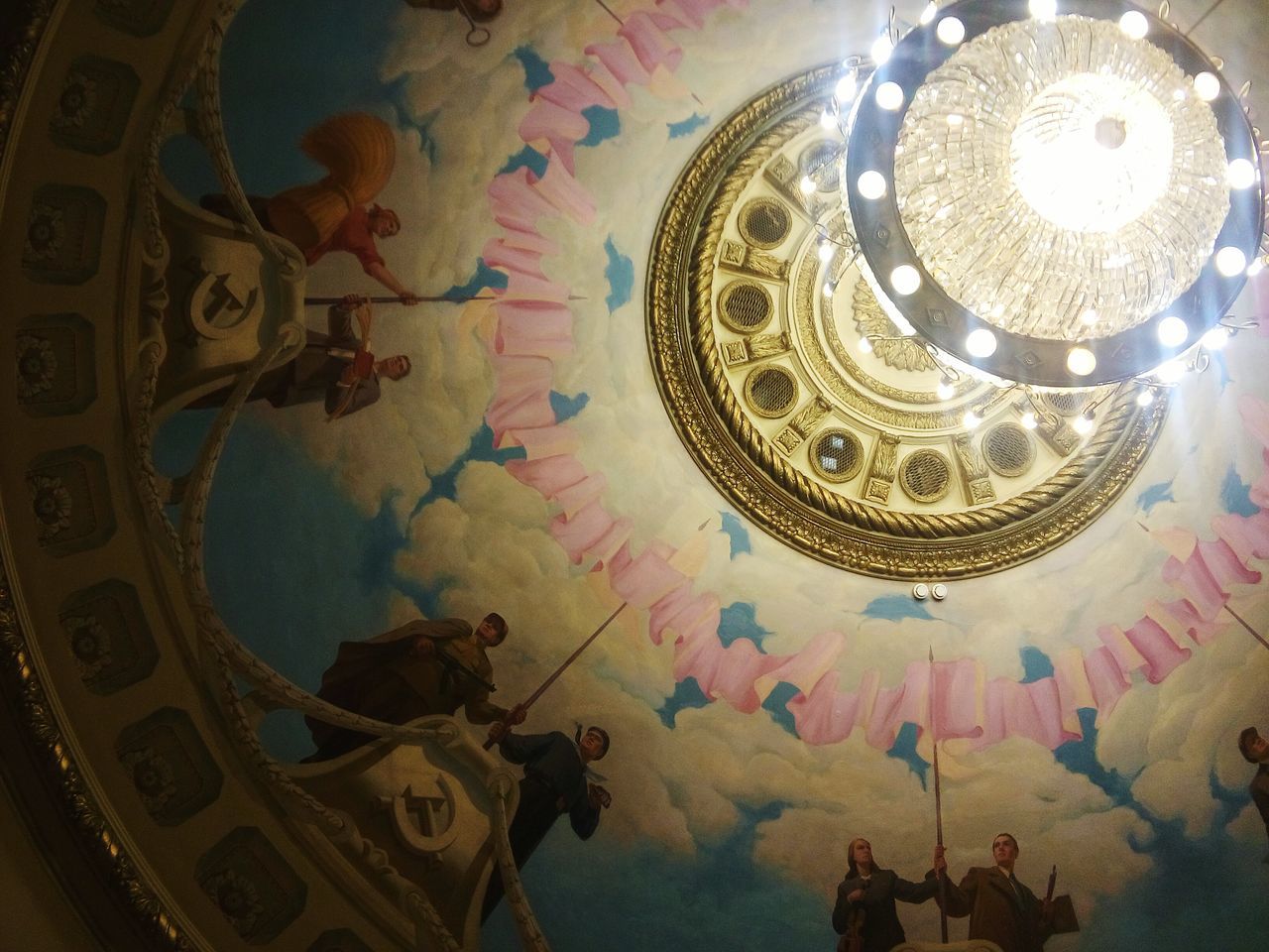 indoors, ceiling, circle, place of worship, multi colored