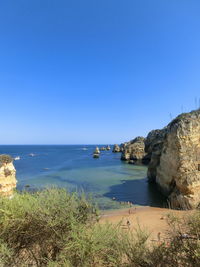 Scenic view of sea against clear blue sky