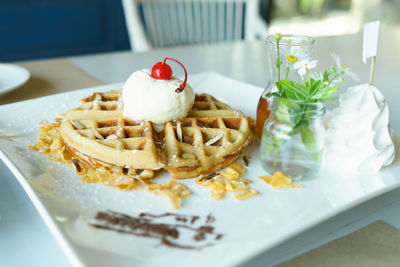 Close-up of dessert in plate on table