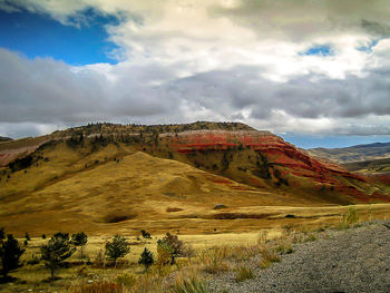 Scenic view of landscape and mountains against sky