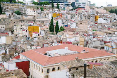 High angle view of buildings in city