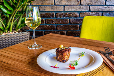 Close-up of food served on table