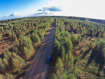 Road amidst agricultural field against sky