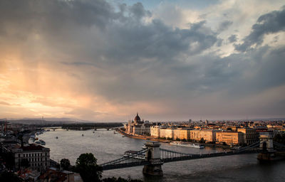 Bridge over river against cloudy sky