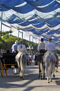 People riding horse cart in city