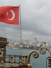 Turkish flag waving against strait and buildings in city