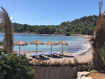 Scenic view of sea against clear blue sky