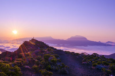 Scenic view of mountain against sky during sunset