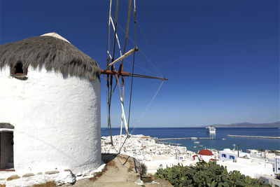 Panoramic view of sea against clear blue sky