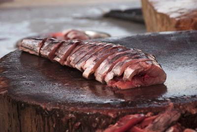 Close-up of meat on table