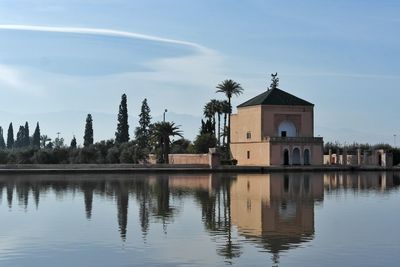 Reflection of house and trees against sky