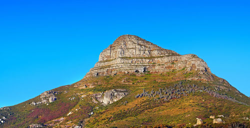 Low angle view of mountain against clear blue sky