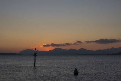 Silhouette person on sea against sky during sunset