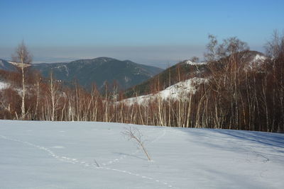 Scenic view of snow covered mountains against sky