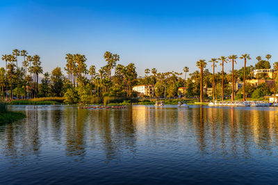 Scenic view of lake against clear blue sky