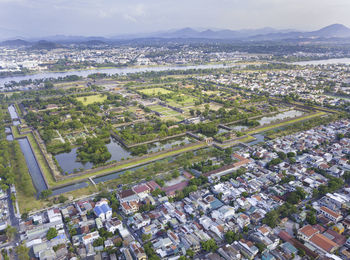 High angle shot of townscape against sky