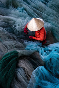 High angle view of woman wearing hat