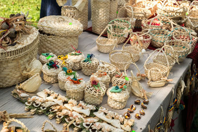 High angle view of wicker basket for sale at market stall