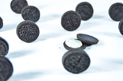 Close-up of sandwich cookies on white background