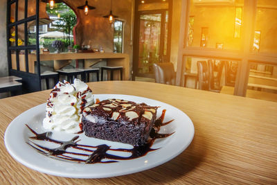 Chocolate cake on table