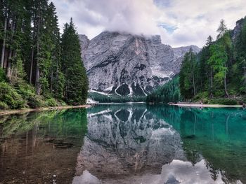 Scenic view of lake and mountains against sky