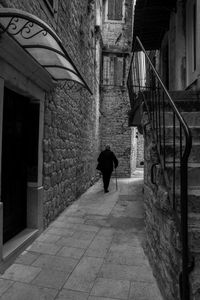 Rear view of person walking on staircase