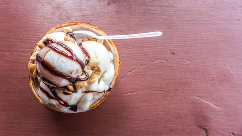 High angle view of ice cream on table