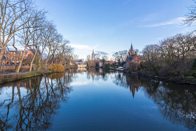 Reflection of trees on river against sky in city