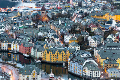 High angle view of townscape at dusk