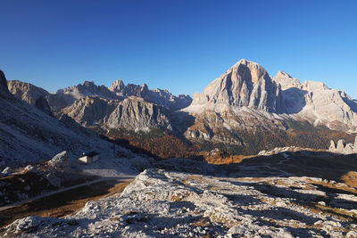 Panoramic view of snowcapped mountains against clear blue sky