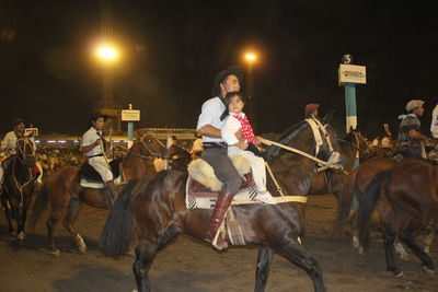 Horses on field against sky at night