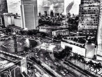 Buildings in city at dusk