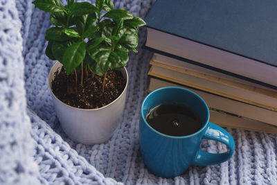 High angle view of coffee on table