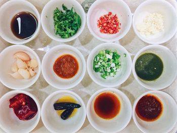 High angle view of food in bowls on table