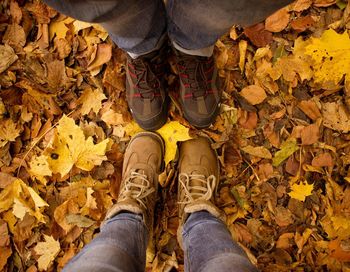 Low section of friends standing on fallen autumn leaves