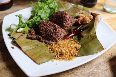 High angle view of food in plate on table