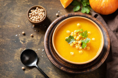 High angle view of soup in bowl on table