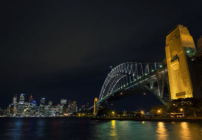 Illuminated city by river against sky at night