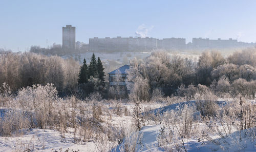 Trees and buildings against sky during winter