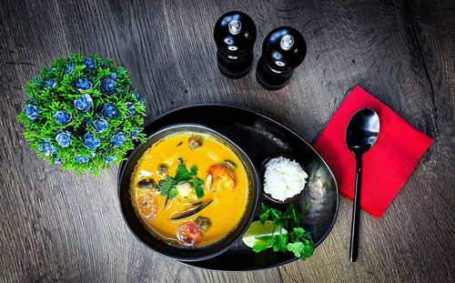 High angle view of various food on table