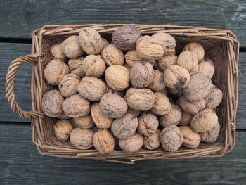 Directly above shot of walnuts in whicker basket on table