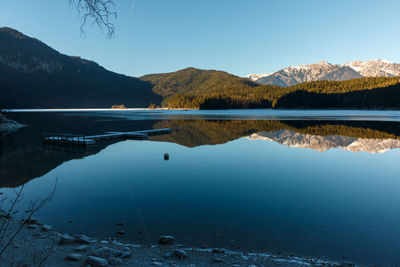 Scenic view of lake by mountains against sky