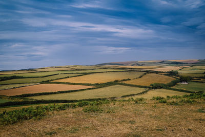 Scenic view of colourful agricultural fields against sky