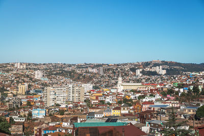 High angle view of townscape against clear blue sky