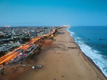 High angle view of beach against clear sky. lome beach, togo