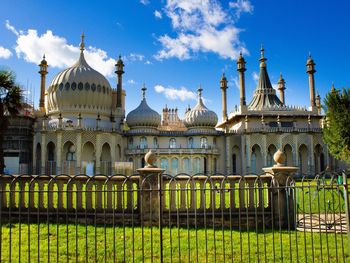 View of temple against building