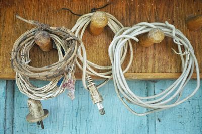 High angle view of wires on table