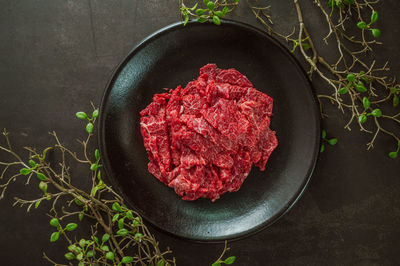 High angle view of meat in plate