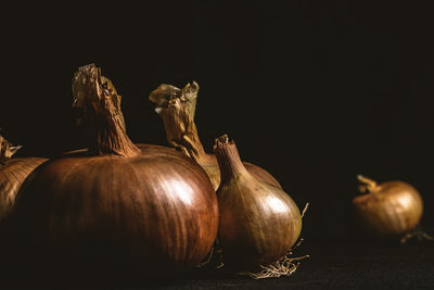 Close-up of vegetables on table against black background