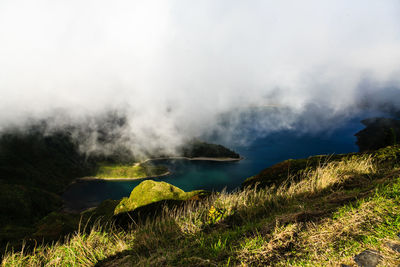 Smoke emitting from volcanic mountain against sky